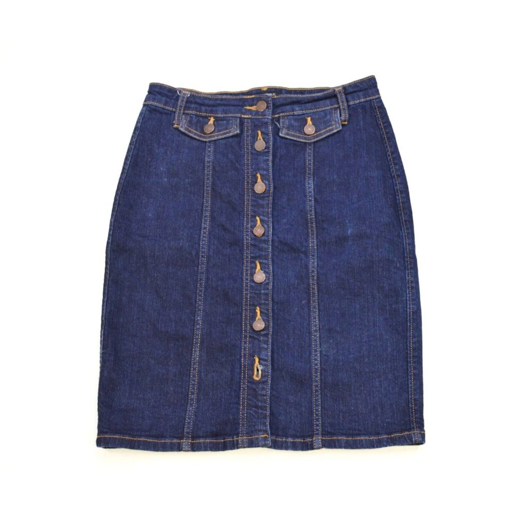 Banana Republic Dark Indigo Denim Skirt Button Front Pockets Size 26/2 Cotton